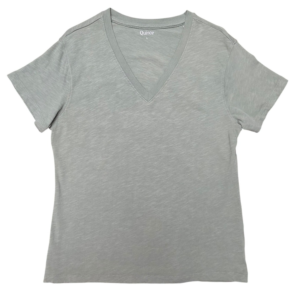 Quince V-Neck T-Shirt Womens L Sage Green Organic Cotton Slub Tee Minimalist
